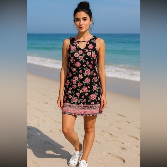 Pink Republic Tank Sleeveless Shift Dress Floral Black Pink Keyhole back Sz S - Picture 1 of 2